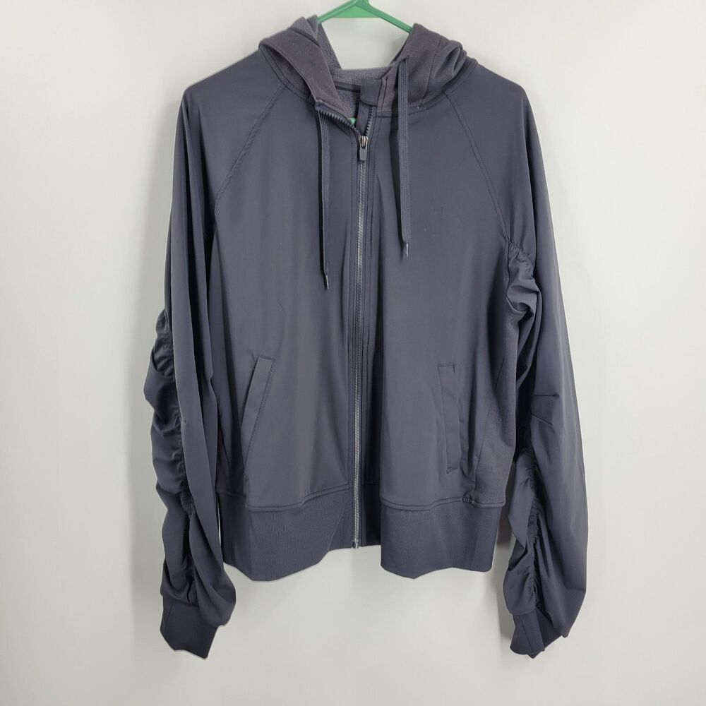 Fabletics Amara Hooded Jacket Womens Medium Gray Stretch Full Zip Long Sleeve